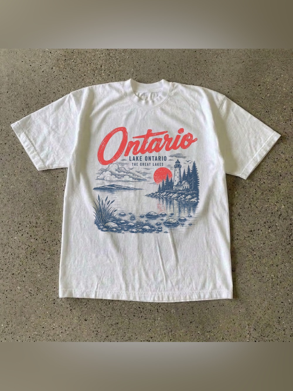 Ontario Lake New York Graphic T-Shirt, Fishing Boating Outdoor 90s Camping Tee